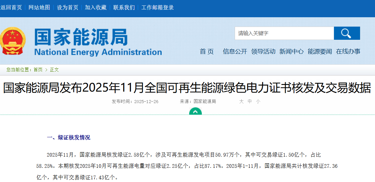 国家能源局：2025年11月核发绿证2.58亿个